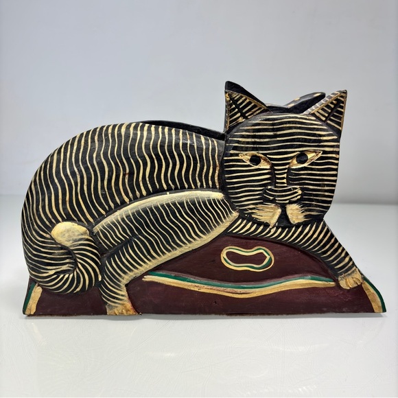 Laurel Burch Style Wooden Hand Painted Two Sided Cat Napkin Letter Holder Decor - Picture 7 of 12